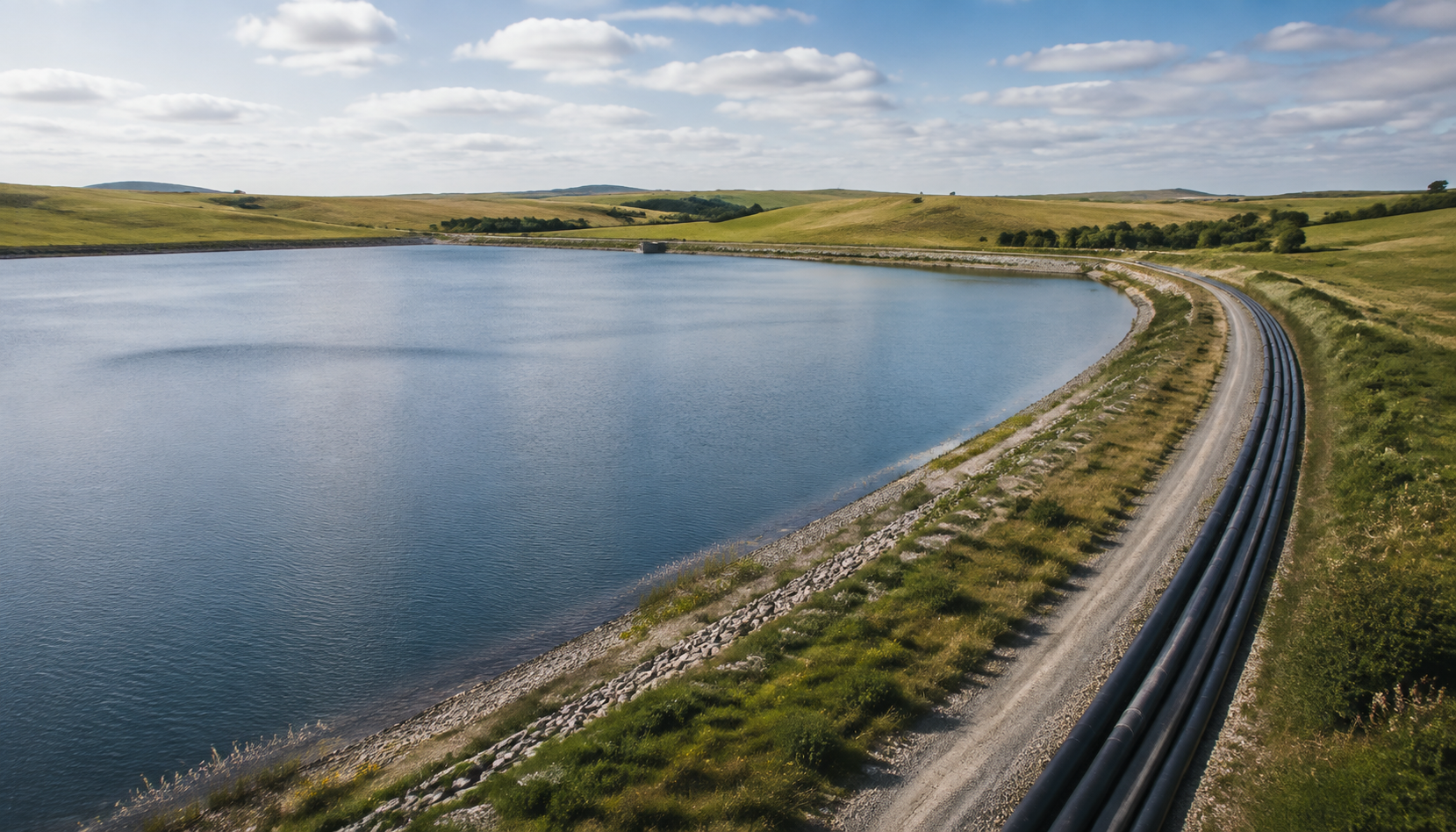 Illustrative water-storage reservoir with water-transfer lines along a gravel access road.